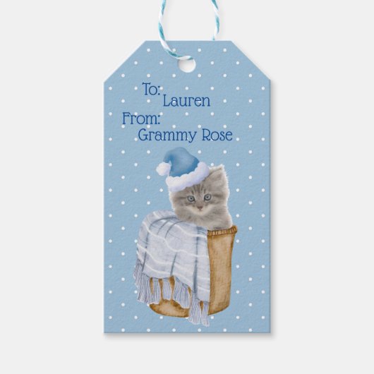 Weihnachtskätzchen mit Blue Weihnachtsmannmütze - Geschenkanhänger (Vorderseite)