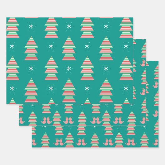 Weihnachtskätzchen Schneeflocken Baum Feierlicher Geschenkpapier Set (Set)