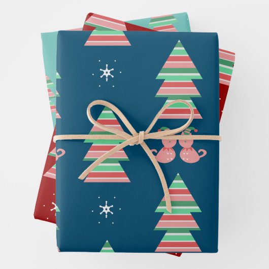 Weihnachtskätzchen Schneeflocken Baum Feierlicher Geschenkpapier Set (Beispiel)