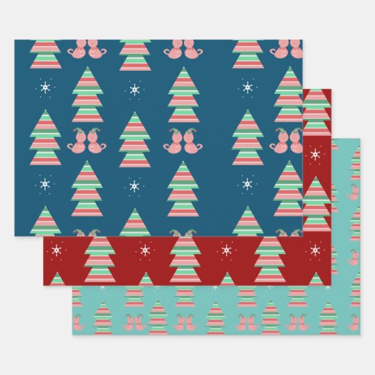 Weihnachtskätzchen Schneeflocken Baum Feierlicher Geschenkpapier Set (Set)