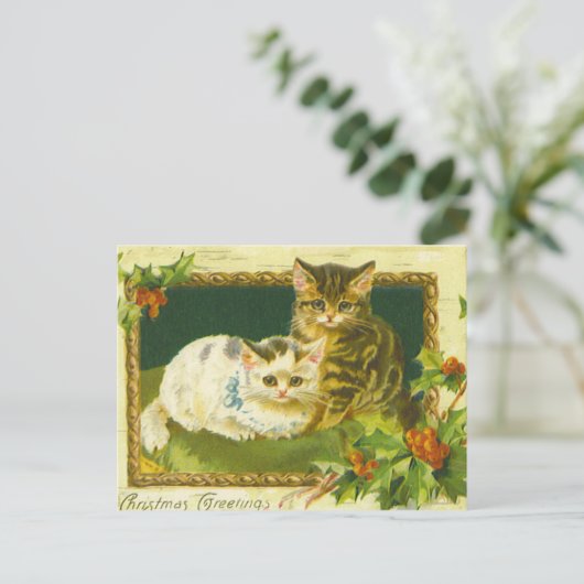 Weihnachtskätzchen Vintag Postkarte (Stehend Vorderseite)
