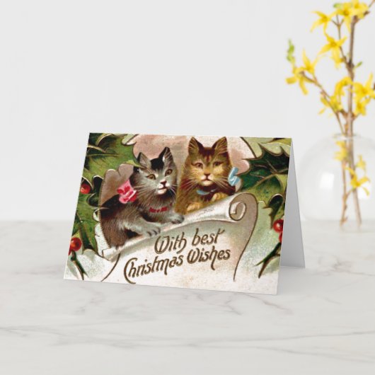 Weihnachtskätzchen, Vintage Abbildung, Karte (Gelbe Blume)