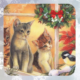 Weihnachtskätzchen Vogelbeobachtung Niedliche Kart Quadratischer Aufkleber