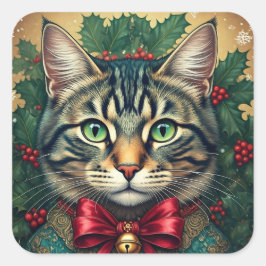 Weihnachtskatze 2024 quadratischer aufkleber