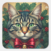 Weihnachtskatze 2024 quadratischer aufkleber (Vorderseite)