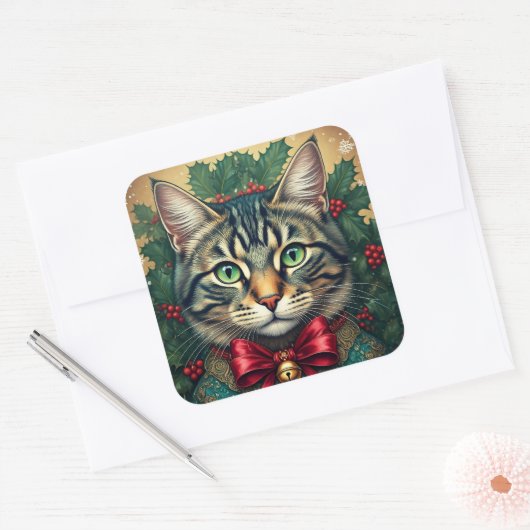 Weihnachtskatze 2024 quadratischer aufkleber (Umschlag)