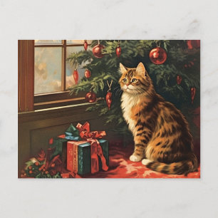 Weihnachtskatze am Fenster Feiertagspostkarte