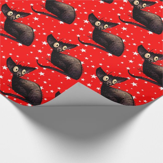 Weihnachtskatze auf Sternen Geschenkpapier (Ecke)