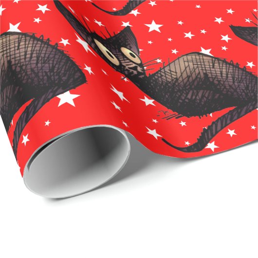 Weihnachtskatze auf Sternen Geschenkpapier (Rolleneckpunkt)
