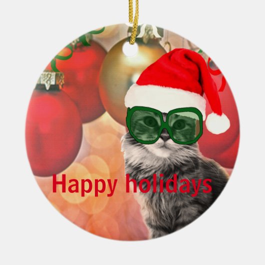 Weihnachtskatze auf Weihnachtskugel-Hintergrund Keramikornament (Vorne)