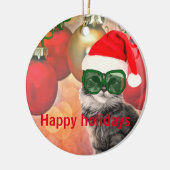 Weihnachtskatze auf Weihnachtskugel-Hintergrund Keramikornament (Links)