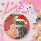 Weihnachtskatze auf Weihnachtskugel-Hintergrund Pappteller (Party)