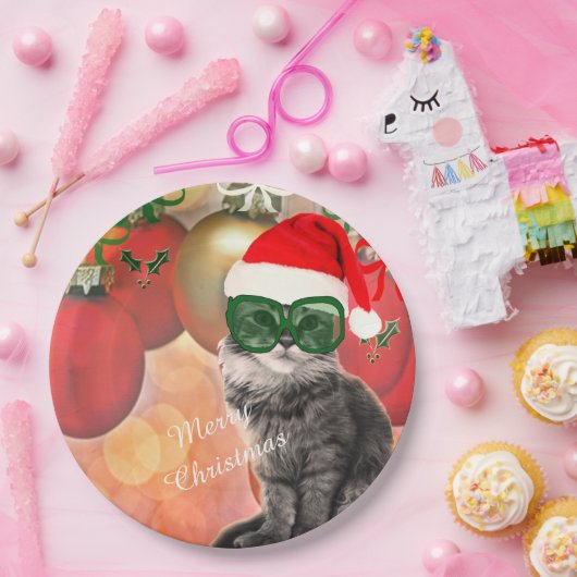 Weihnachtskatze auf Weihnachtskugel-Hintergrund Pappteller (Party)
