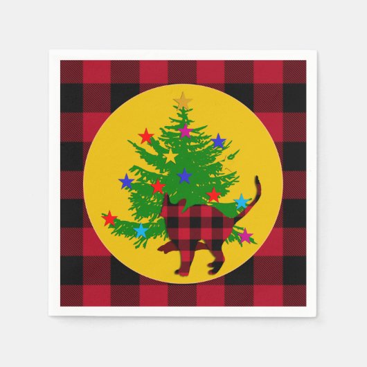 Weihnachtskatze, Baum und Rotes Buffalo kariert ru Serviette (Vorderseite)