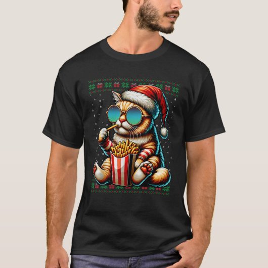 Weihnachtskatze Eating French Fries Ugly Christmas T-Shirt (Vorderseite)