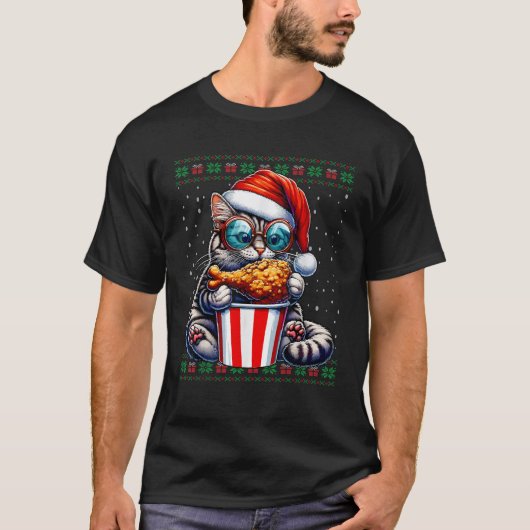 Weihnachtskatze Eating Fried Chicken Ugge Weihnach T-Shirt (Vorderseite)