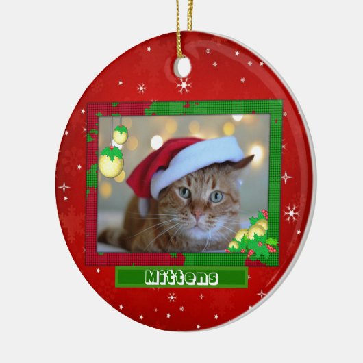 Weihnachtskatze Foto Name Rot Keramik Ornament (Links)