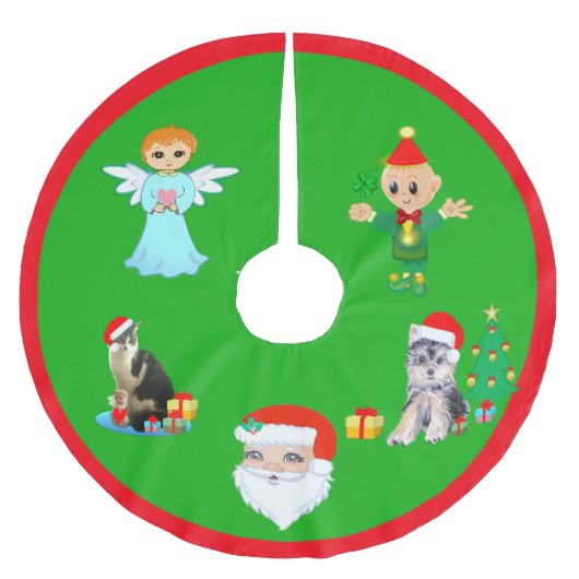 Weihnachtskatze, Hund, Engel, Elf und Weihnachtsma Polyester Weihnachtsbaumdecke (Vorderseite)