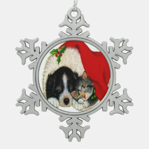 Weihnachtskatze & Hunde Schneeflocken Zinn-Ornament
