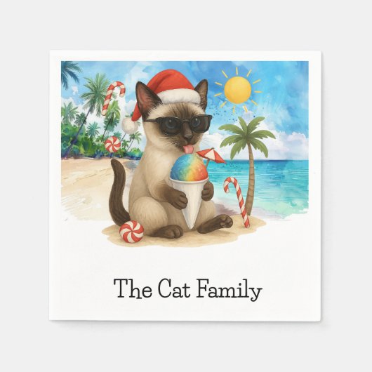Weihnachtskatze im Juli Beach thematische Weihnach Serviette (Vorderseite)