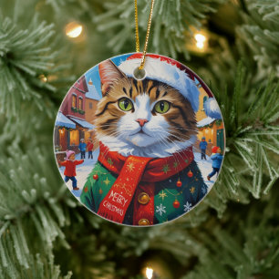 Weihnachtskatze im Nikolaushut Keramik Ornament