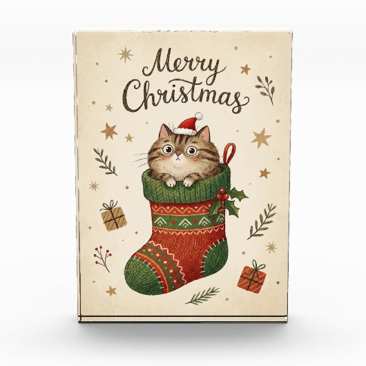 Weihnachtskatze im Strumpf Fotoblock (Vorderseite)