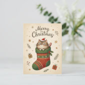 Weihnachtskatze im Strumpf Postkarte (Stehend Vorderseite)