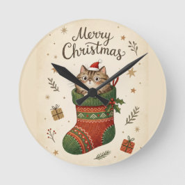 Weihnachtskatze im Strumpf Runde Wanduhr
