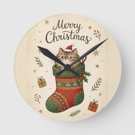 Weihnachtskatze im Strumpf Runde Wanduhr (Vorderseite)