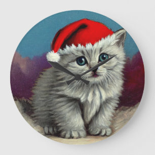 Weihnachtskatze im Weihnachtsmannmütze Große Wanduhr