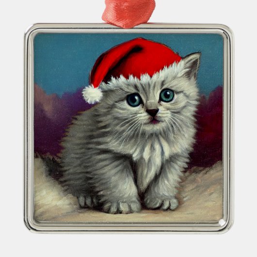 Weihnachtskatze im Weihnachtsmannmütze Ornament Aus Metall (Vorne)