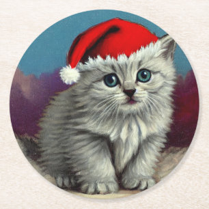 Weihnachtskatze im Weihnachtsmannmütze Runder Pappuntersetzer