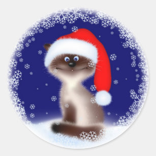 Weihnachtskatze in der Weihnachtsmannmütze Runder Aufkleber