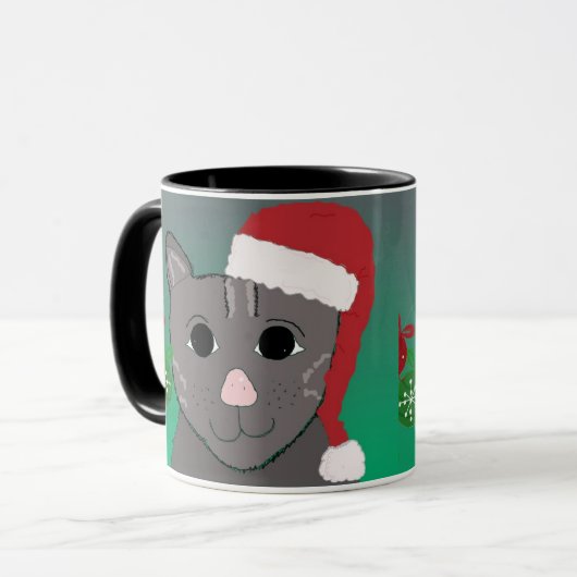 Weihnachtskatze in einer roten Weihnachtsmannmütze Tasse (Vorderseite Links)