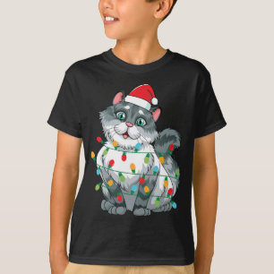 Weihnachtskatze in farbenfrohen Lichtern mit S T-Shirt