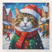 Weihnachtskatze in Santa-Mütze Glasuntersetzer (Vorderseite)