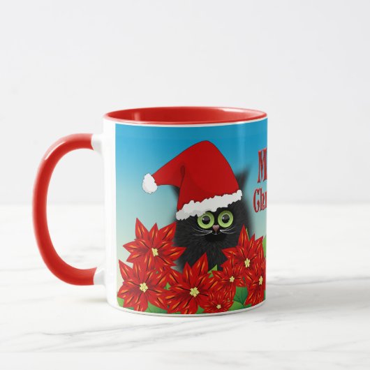 Weihnachtskatze in Weihnachtsmannmütze Amid Poinse Tasse (Links)