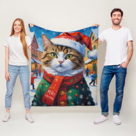 Weihnachtskatze in Weihnachtsmannmütze Fleecedecke