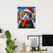 Weihnachtskatze in Weihnachtsmannmütze Poster (Heimbüro)
