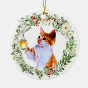 Weihnachtskatze in Wreath mit Laterne Personalisie Keramik Ornament