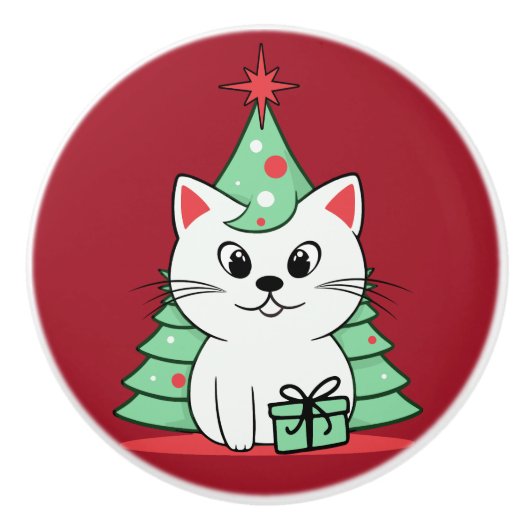 Weihnachtskatze Keramikknauf (Vorderseite)