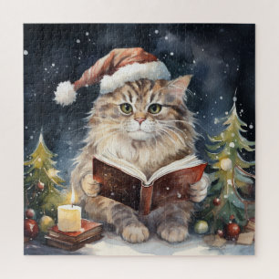 Weihnachtskatze liest Vintage-Karte Puzzle
