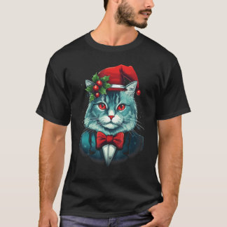 Weihnachtskatze mit Fliege und Weihnachtsmannmütze T-Shirt