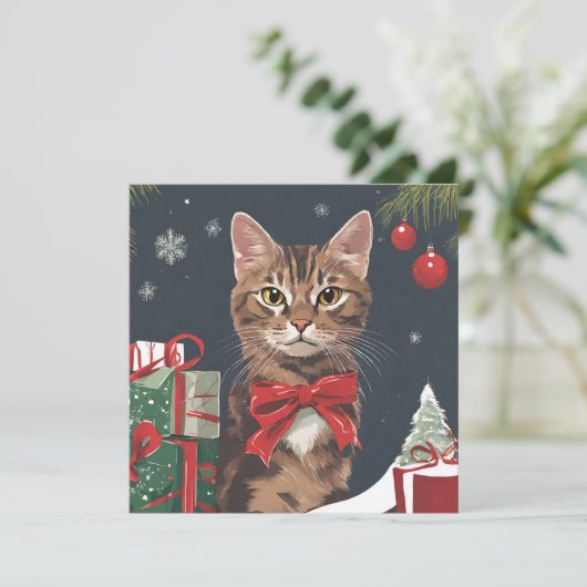 Weihnachtskatze mit Geschenken Feiertagskarte (Stehend Vorderseite)