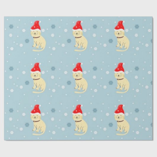 Weihnachtskatze mit Hut auf blau Geschenkpapier (Flach)