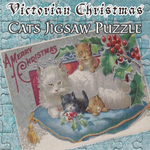 Weihnachtskatze mit Kätzchen Vintage Viktorianisch Puzzle