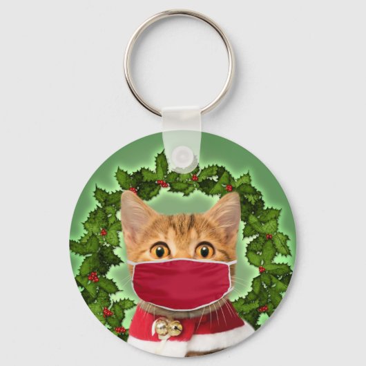 Weihnachtskatze mit Koronavirus-Maske Schlüsselanhänger (Vorderseite)