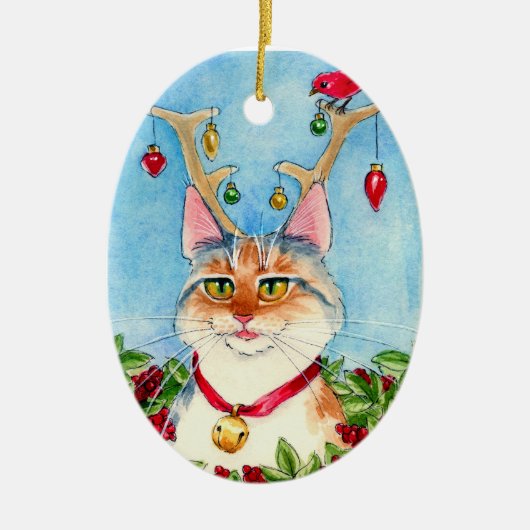 Weihnachtskatze mit Rentierverzierungen Keramik Ornament (Vorne)