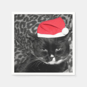 Weihnachtskatze mit Sankt Hut Serviette