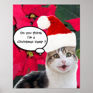 WEIHNACHTSKATZE MIT SANTA CLAUS HUT UND POINSETTIE POSTER